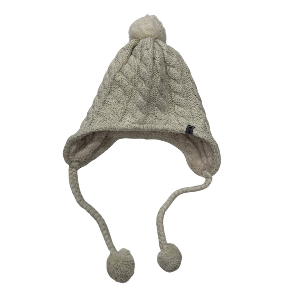 The North Face Women Cream Cableknit Fleece Lined Trapper Pom Beanie Hat Earflap